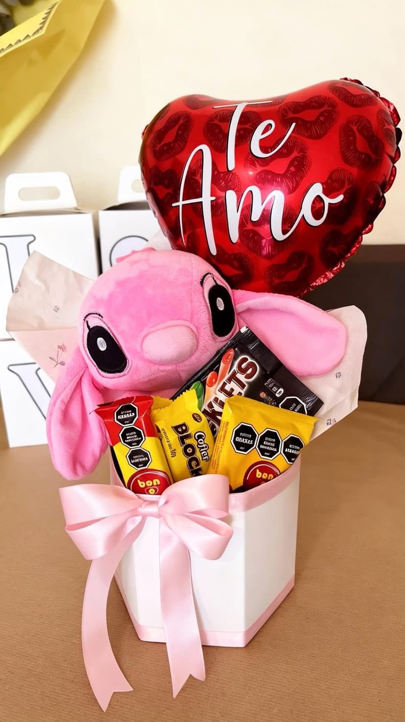 Peluche Stitch rosado con globo "Te Amo" y chocolates